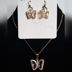 Elegant Gold Pink Butterfly Jewelry Set